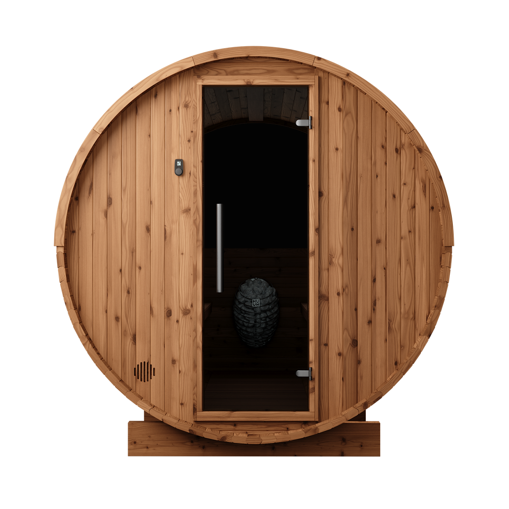 Thermory 8 Person Barrel Sauna No 84 DIY Kit with Window Thermally Modified Spruce Thermory Front_8975af90-804d-466e-b00e-a51980851b72.png