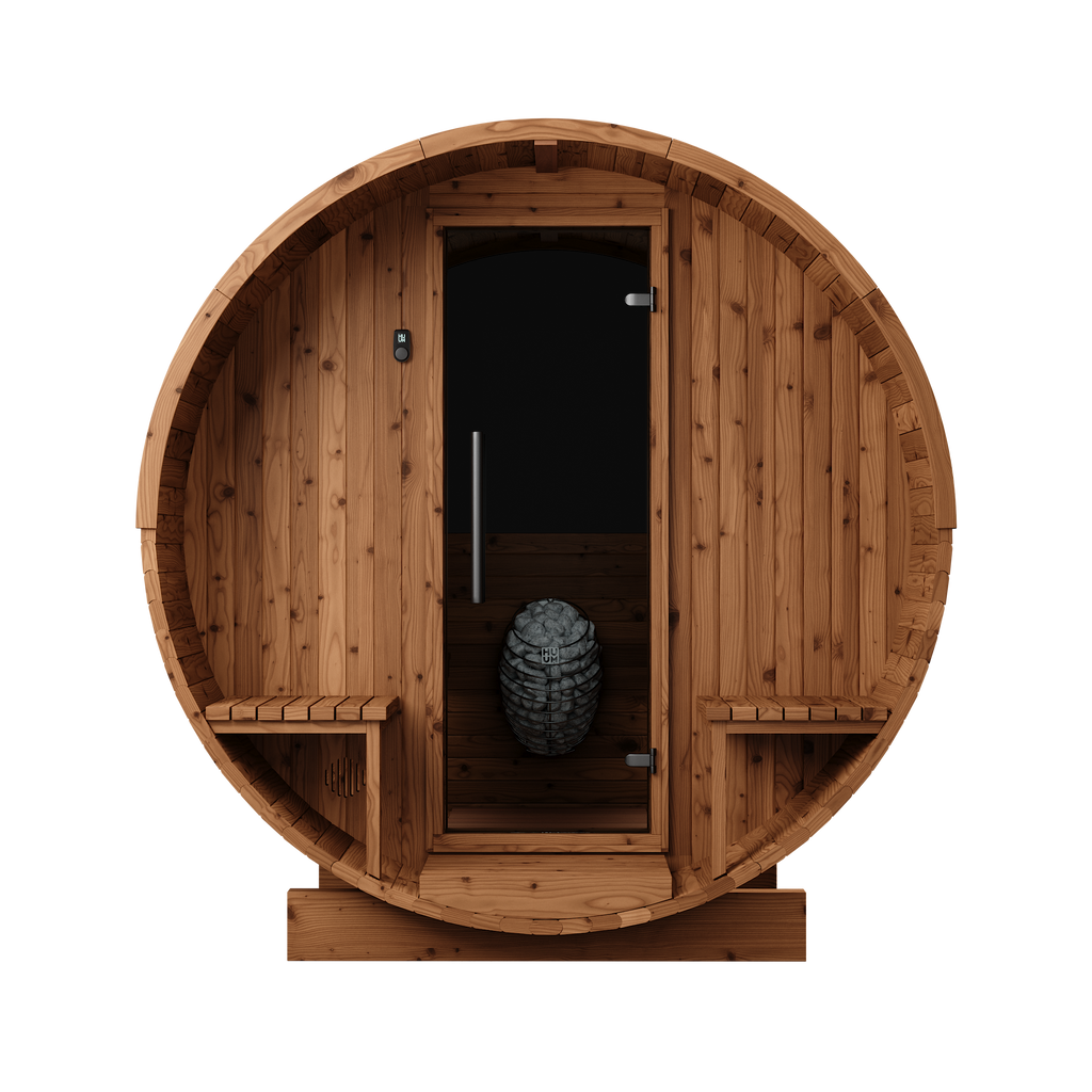 Thermory 4 Person Barrel Sauna No 60 DIY Kit with Porch and Window Thermally Modified Spruce Thermory Front_7162df7c-1853-4eb0-a95e-c6d90716429c.png