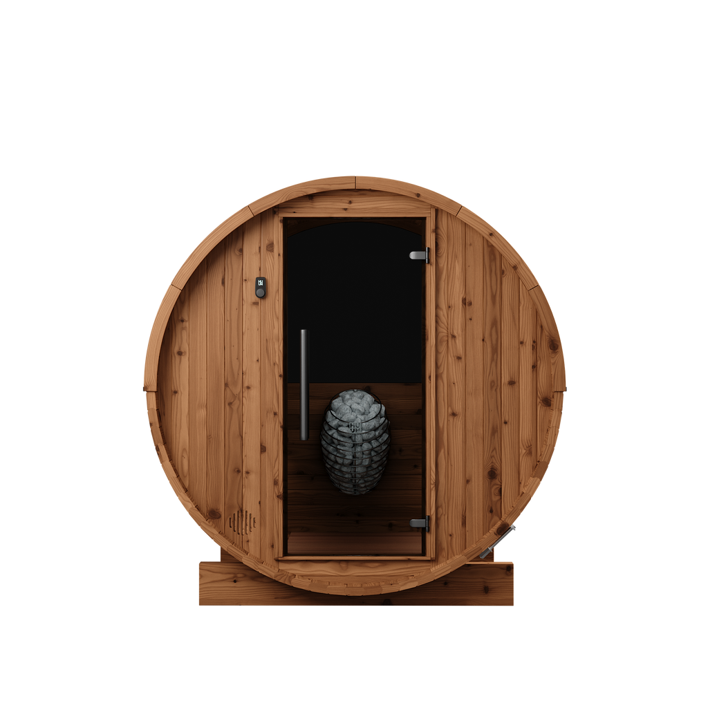 Thermory 2 Person Barrel Sauna No 54 DIY Kit with Window Thermally Modified Spruce,Thermally Modified Spruce - Ignite Thermory Front_8713ec96-2653-4161-99e2-611a1584e31b.png