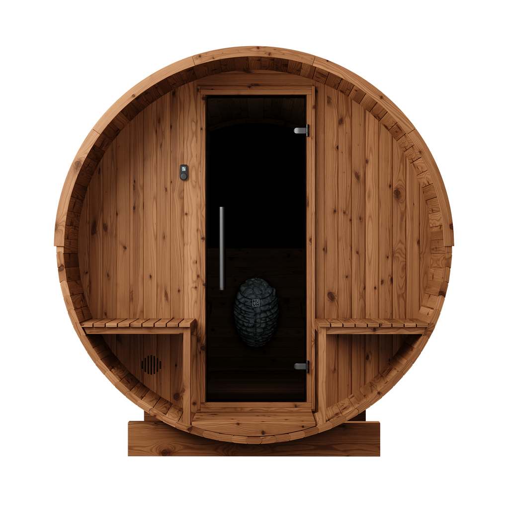 Thermory 6 Person Barrel Sauna No 82 DIY Kit with Terrace and Window Thermally Modified Spruce Thermory Front_8c432736-aada-4289-820d-d52452e7e114.png