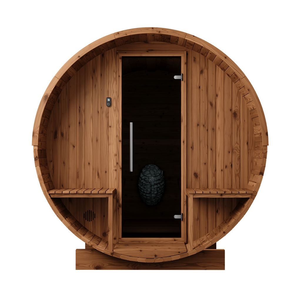 Thermory 6 Person Barrel Sauna No 83 DIY Kit with Terrace Thermally Modified Spruce Thermory Front_9a3d457e-356f-4547-b711-7d7a8f4676b6.png