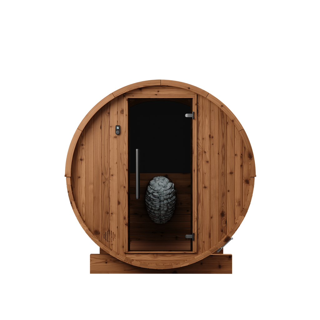 Thermory 2 Person Barrel Sauna No 54 DIY Kit with Window Thermally Modified Spruce,Thermally Modified Spruce - Ignite,Limited Edition - Aspen with Custom LED Lighting Package,Limited Edition - Ignite with Custom LED Lighting Package Thermory Front_8713ec9