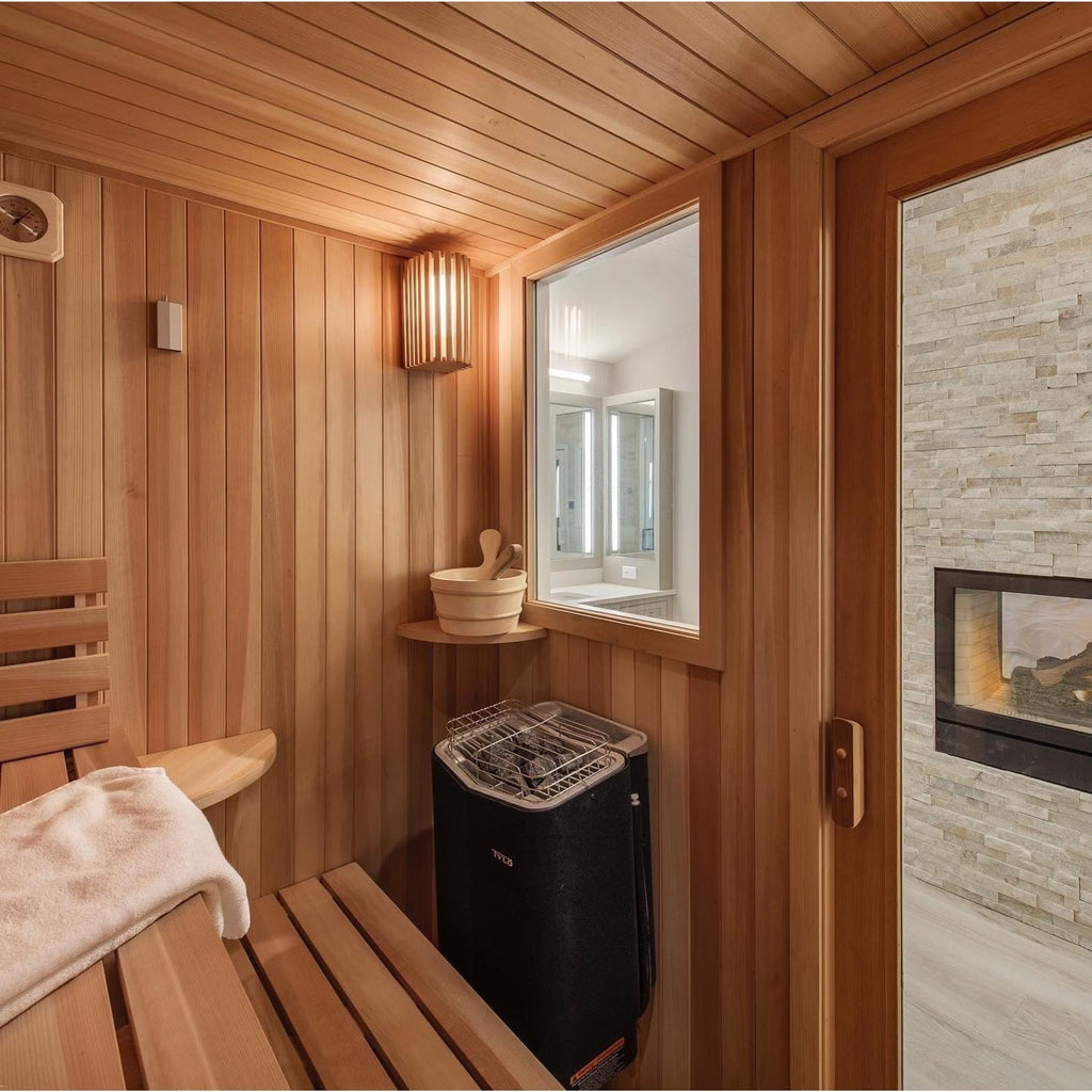 Finnish Sauna Builders 7' x 7' x 7' Pre-Built Outdoor Sauna Kit with Cedar Panelized Roof Option 1 / Without Floor,Option 1 / With Floor,Option 2 / Without Floor,Option 2 / With Floor,Option 3 / Without Floor,Option 3 / With Floor,Option 4 / Without Floor