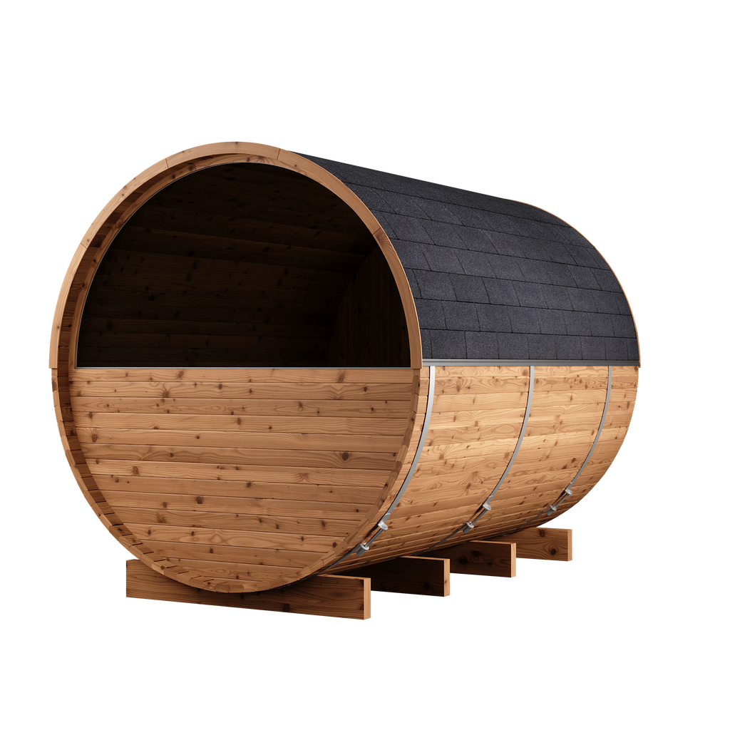 Thermory 8 Person Barrel Sauna No 84 DIY Kit with Window Thermally Modified Spruce Thermory Left_0ee1b2a0-6757-46c9-a928-b7b19d6a0362.png