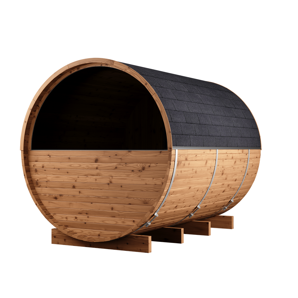 Thermory 6 Person Barrel Sauna No 82 DIY Kit with Terrace and Window Thermally Modified Spruce Thermory Left_23f6d981-a7bd-4f89-aeaf-8b667ef9efa1.png