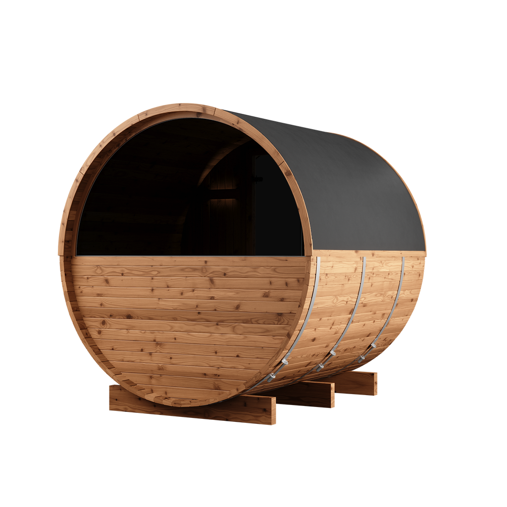 Thermory 4 Person Barrel Sauna No 60 DIY Kit with Porch and Window Thermally Modified Spruce Thermory Left_pvc_88f67c0b-6570-4e17-8faf-1f74d2e31c75.png