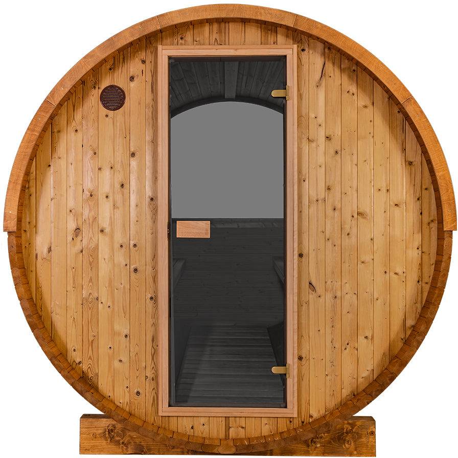 Thermory 2 Person Barrel Sauna No 54 DIY Kit with Window Thermally Modified Spruce,Thermally Modified Spruce - Ignite,Limited Edition - Aspen with Custom LED Lighting Package,Limited Edition - Ignite with Custom LED Lighting Package Thermory No52-Front_1e