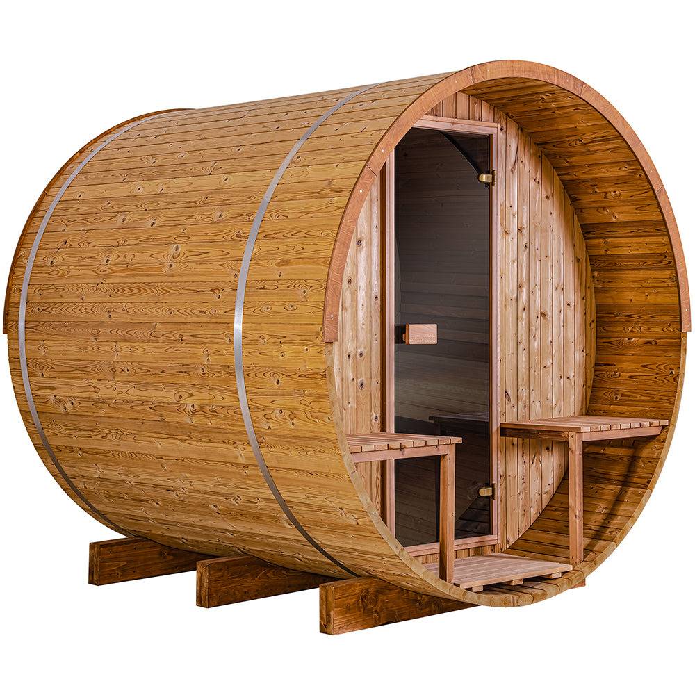 Thermory 4 Person Barrel Sauna No 60 DIY Kit with Porch and Window Thermally Modified Spruce Thermory No60_FrontCorner.jpg