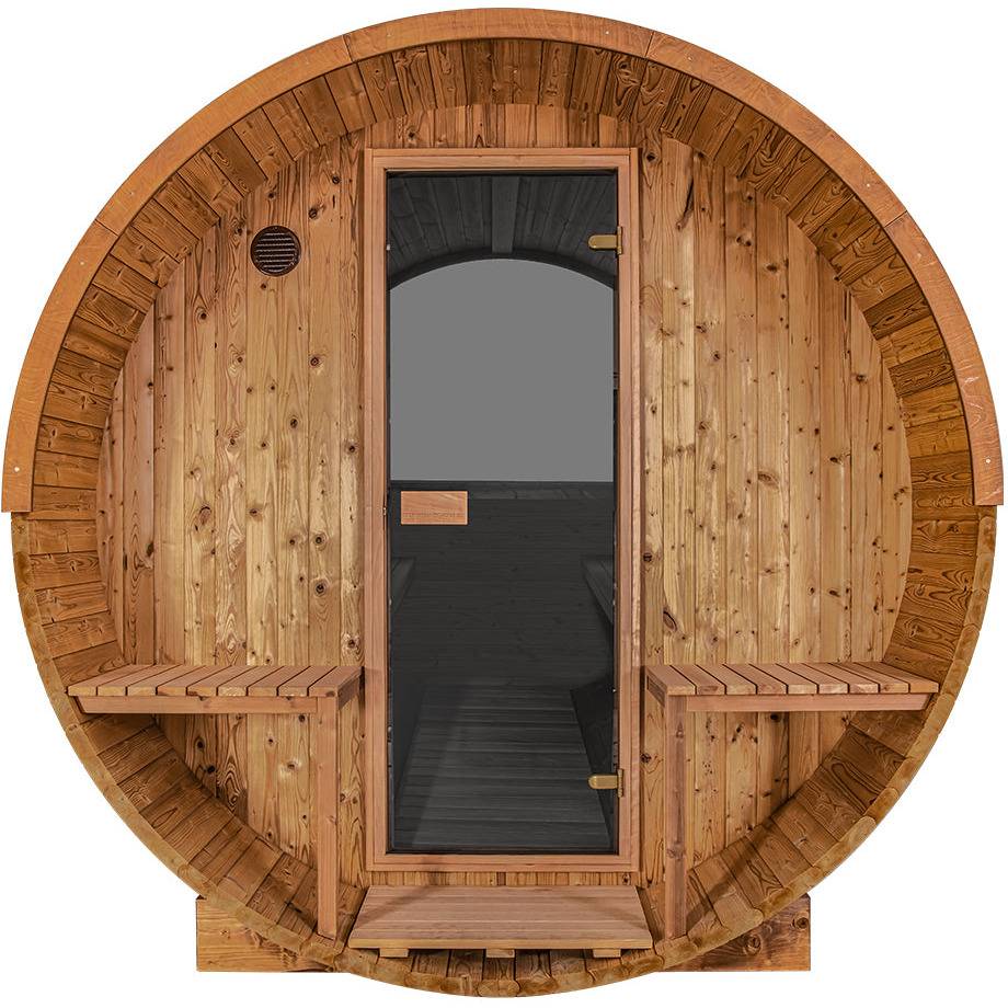 Thermory 4 Person Barrel Sauna No 60 DIY Kit with Porch and Window Thermally Modified Spruce Thermory No60_Front.jpg
