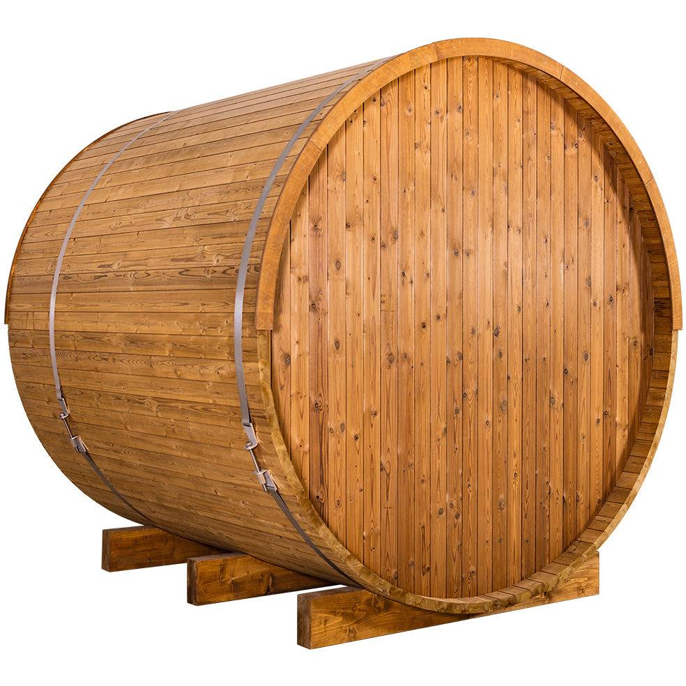 Thermory 4 Person Barrel Sauna No 61 DIY Kit with Porch Thermally Modified Spruce Thermory No61-Back-Corner.jpg