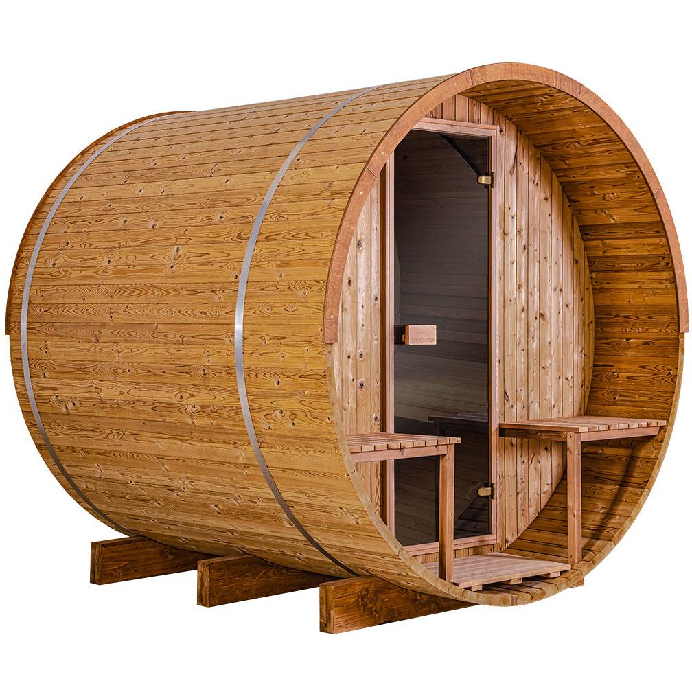 Thermory 4 Person Barrel Sauna No 61 DIY Kit with Porch Thermally Modified Spruce Thermory No61-Front-corner1.jpg