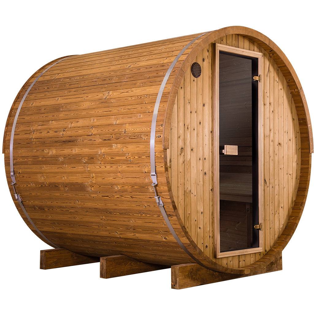 Thermory 6 Person Barrel Sauna No 63 DIY Kit Thermally Modified Spruce Thermory No63-front-corner.jpg