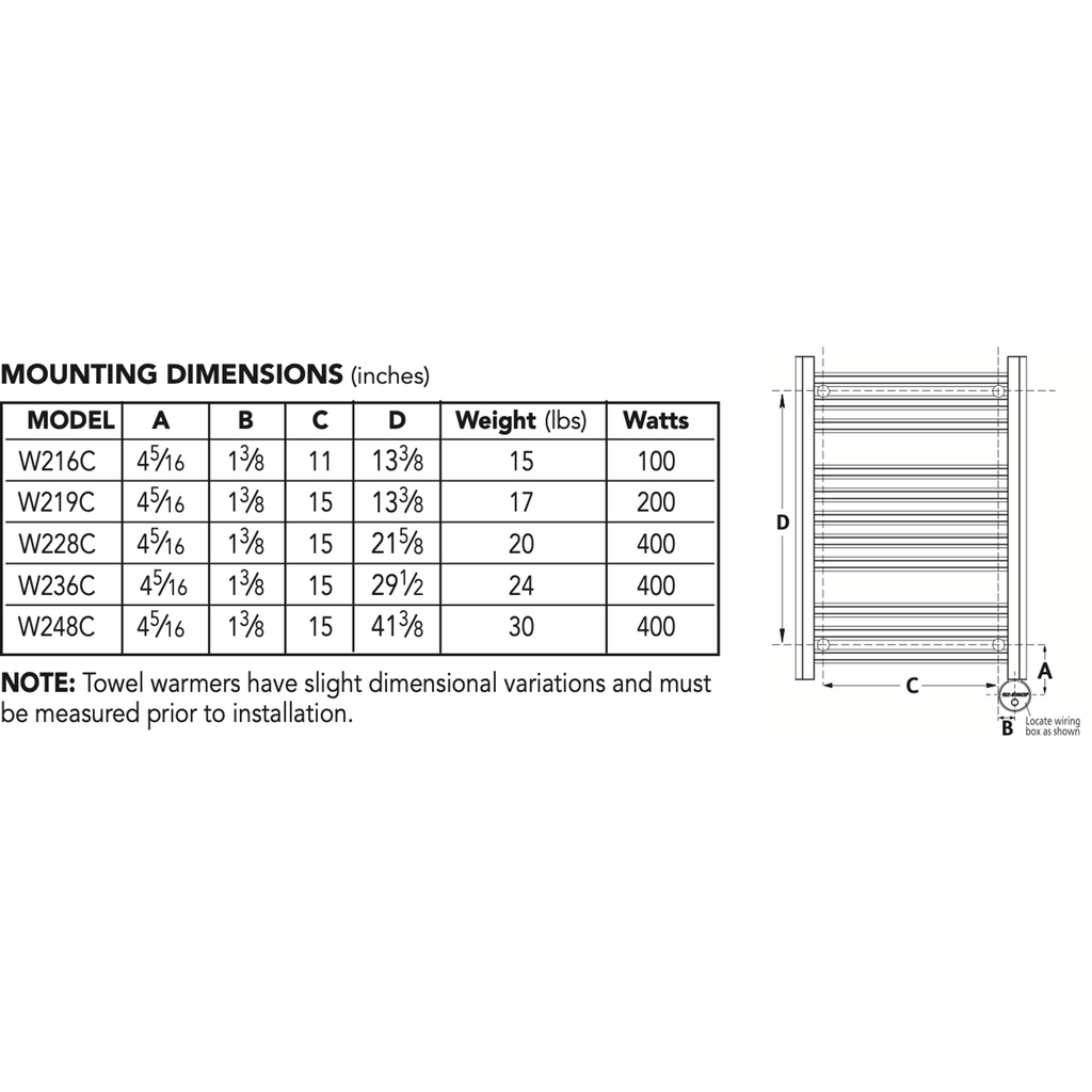 Mr. Steam Towel Warmers - The Broadway Collection W219C - 4 5/16" X 1 3/8" X 15 X 13 3/8" / Polished Chrome,W228C - 4 5/16" X 1 3/8" X 15 X 21 5/8" / Polished Chrome,W236C - 4 5/16" X 1 3/8" X 15 X 29 1/2" / Polished Chrome,W248C - 4 5/16" X 1 3/8" X 15 X